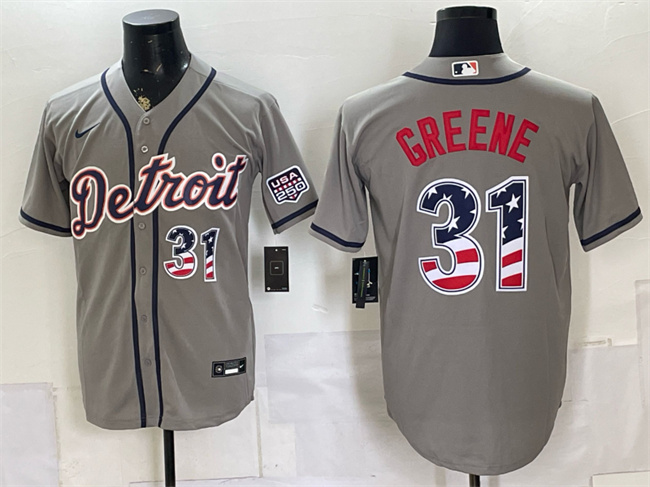 Men's Detroit Tigers #31 Riley Greene Grey 2026 USA 250 Fourth of July Stitched Baseball Jersey Men's Detroit Tigers #31 Riley Greene Grey 2026 USA 250 Fourth of July Stitched Baseball Jersey
